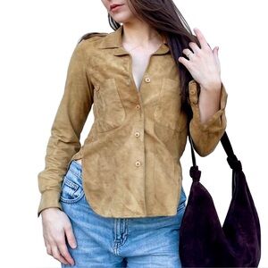 Anne Klein 70s Vintage Genuine Leather Suede Camel Western Button Down Shirt 2